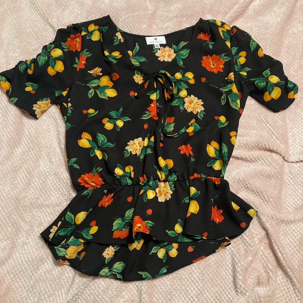 “Socialite” black lemon print peplum blouse